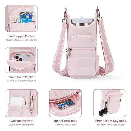 Water Bottle Holder Crossbody Bags for Women for Walking, Hiking, Cycling（pink）Tumbler with Handle, Cup Holder Pouch w/Adjustable Strap