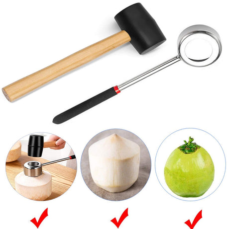 Coconut Opener Set for Young & Mature Coconuts by  |Coconut Tools for Meat Removal with Hammer & Stainless Steel Knife