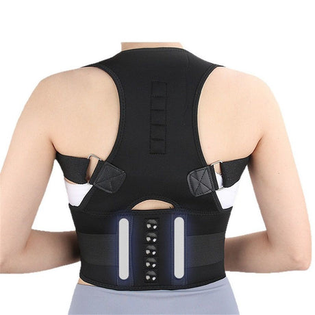 Magnetic therapy posture support back bracket adjustable posture corrector bracket shoulder back support strap - relieves neck, back, and spine pain (L)