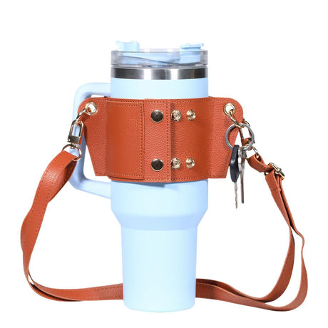2 pack Water Bottle Holder with Strap 40oz, Simple Modern 40oz Tumbler, Vegan Leather Waterbottle Bag Holder, Shoulder Strap with Keyring, brown（Only cup sleeves）