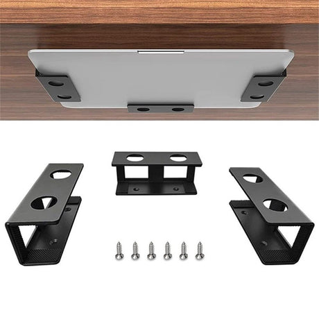 Under Desk Laptop Mount, Metal Under Desk Shelf Holder for Laptop, Mac mini, MacBook, Keyboard with Anti-Scratch Silicone (Black)