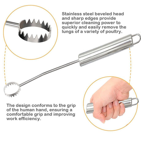 Stainless Steel Lung Remover, Textured Handle, Angled Head, Easy Clean Materials,Lung Scraper of Chicken Processing Equipment, Easily Removes Poultry Lungs,  Handle, Chicken