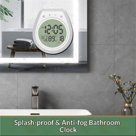 Shower Timer Clock Waterproof, Digital Bathroom Kitchen Wall Clock with LCD Display, 12/24 Hour Format, Temperature, Countdown Timer, Suction Cup, Hanging Hole (White)