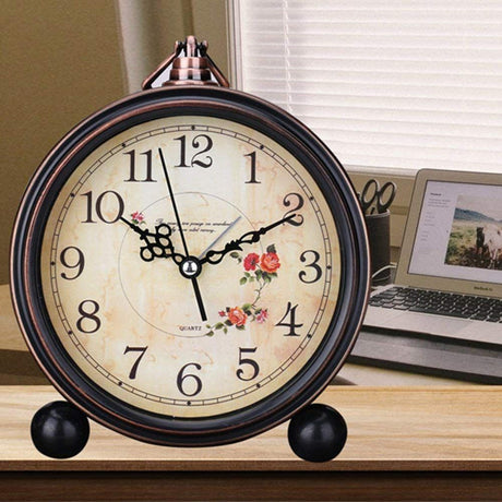 Vintage Analog Alarm Clock, 5 inch Small Silent Desk Clock with Night Light, Battery Operated for Table, Bedroom, Bedside, Living Room, Gift Clock (Flower)