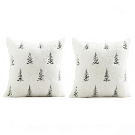 Christmas Pillow Covers 18x18 inch Set of 2 Green Embroidered Christmas Tree Decoration Beige Soft Plush Faux Fur Jacquard Throw Pillows for Bedroom Sofa Holiday Winter Home Decor