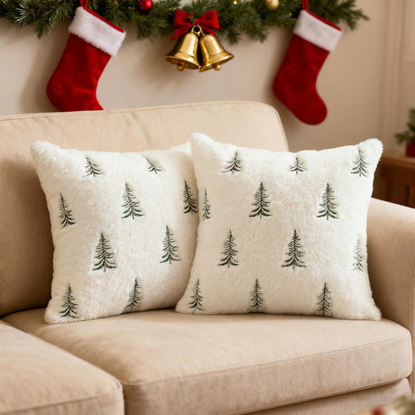 Christmas Pillow Covers 18x18 inch Set of 2 Green Embroidered Christmas Tree Decoration Beige Soft Plush Faux Fur Jacquard Throw Pillows for Bedroom Sofa Holiday Winter Home Decor