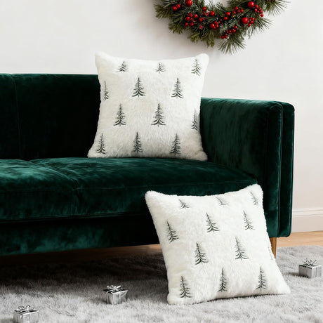 Christmas Pillow Covers 18x18 inch Set of 2 Green Embroidered Christmas Tree Decoration Beige Soft Plush Faux Fur Jacquard Throw Pillows for Bedroom Sofa Holiday Winter Home Decor