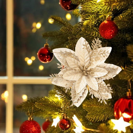 15 Pcs Flowers for Christmas Tree, Silvery Glitter Artificial Flowers Decorations for Xmas Tree Ornaments and Wreath