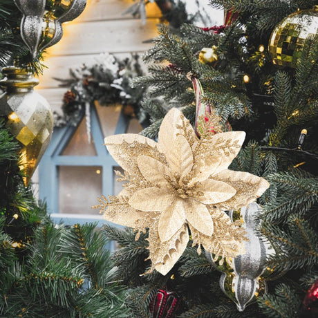 15 Pcs Flowers for Christmas Tree, Silvery Glitter Artificial Flowers Decorations for Xmas Tree Ornaments and Wreath