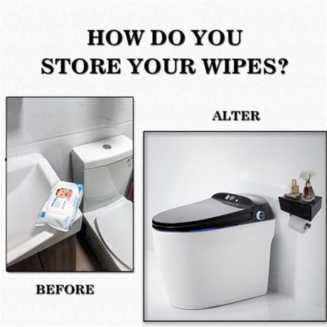 Toilet Paper Holder with Built-in Storage Drawer | Glossy Plastic Bathroom Organizer | Dual-Mount Rust-Resistant, Adjustable Shelf & Left/Right Wall Mount (Black ,oniy box)