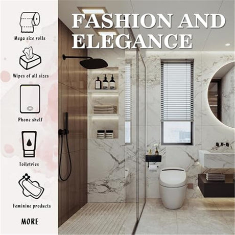 Toilet Paper Holder with Built-in Storage Drawer | Glossy Plastic Bathroom Organizer | Dual-Mount Rust-Resistant, Adjustable Shelf & Left/Right Wall Mount (Black ,oniy box)
