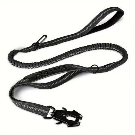 Dog Leash Heavy Duty, Shock Absorbing Bungee Lead with 2 Padded Handle, Metal Carabiner Clip, Car Seatbelt, Strong No Pull Leash for Medium Large Dogs, Black