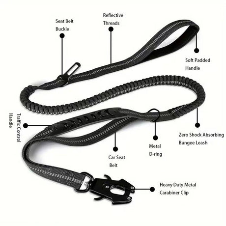 Dog Leash Heavy Duty, Shock Absorbing Bungee Lead with 2 Padded Handle, Metal Carabiner Clip, Car Seatbelt, Strong No Pull Leash for Medium Large Dogs, Black