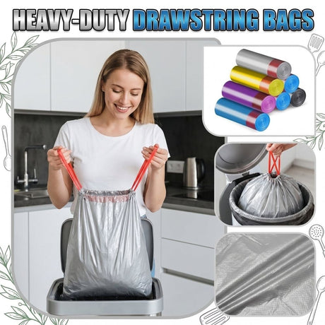 Drawstring Garbage Bags 5 Rolls 75 Count Thickened Heavy Duty Color Trash Can Liners Continuous Roll Disposable Plastic Wastebags for Kitchen Home Office Indoor Use