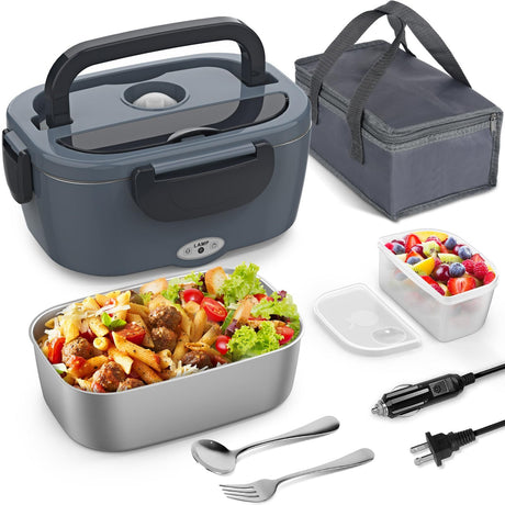 Electric Lunch Box, 2 in 1 Heated Lunch Box for Adults, Portable Heating Lunch Box with 1.5L Removable Stainless Steel Container for Office/Car/Truck, 110V 12V, 80W-60W, Black Grey