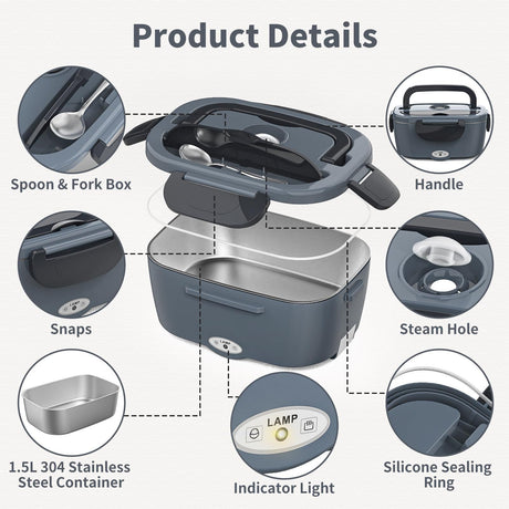 Electric Lunch Box, 2 in 1 Heated Lunch Box for Adults, Portable Heating Lunch Box with 1.5L Removable Stainless Steel Container for Office/Car/Truck, 110V 12V, 80W-60W, Black Grey