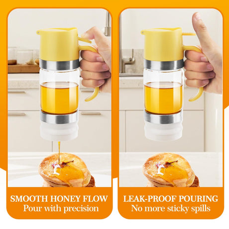 Glass Honey Dispenser Pot, No Drip 10 OZ Honey Jar with Handle, Syrup Dispenser for Coffee or Tea, Yellow white