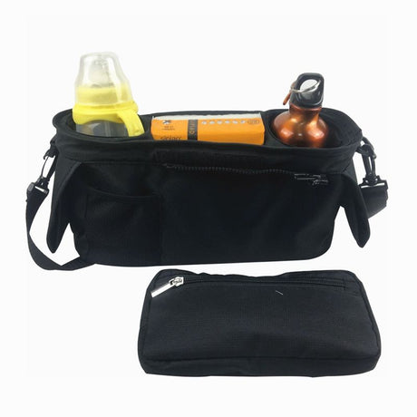 Universal Stroller Organizer with Insulated Cup Holder, Detachable Phone Bag, Shoulder Strap – Fits All Stroller Types, Keeps Drinks Hot/Cold (Black)