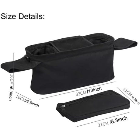 Universal Stroller Organizer with Insulated Cup Holder, Detachable Phone Bag, Shoulder Strap – Fits All Stroller Types, Keeps Drinks Hot/Cold (Black)