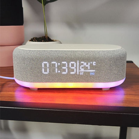 Bluetooth Wireless Speaker, Fast Charging, LED Display, USB Charger, Dimmable Night Light, Alarm Clock Feature, Wireless Charger, Digital Clock,