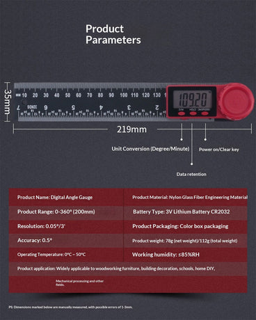 Digital Angle Finder Protractor Third Generation Protractor Angle Finder, Digital Angle Ruler with 7inch/200mm, Angle Gauge for Woodworking/Carpenter/Construction Tools