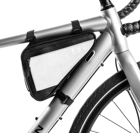 Bike Frame Storage Bag, Water Resistant Reflective Bicycle Triangle Bag with Two Side Pockets, Strap-On Under Seat Tool Accessories Pouch for Mountain Road Bike Trip