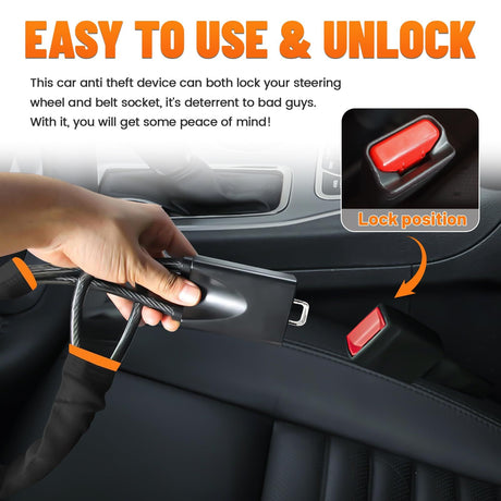 Car Steering Wheel Lock, Seat Belt Lock, Anti-Theft Device, Small and Light-Weight, Multi-Functional, Fit Most Vehicle, SUV, Golf Cart Security (Black)