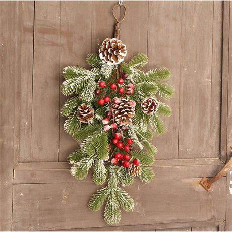 Elegant Flocked Teardrop Swags with Pinecones and Berries, Shimmering Holiday Hanging Decor for Indoor Door Wall Mantel,（55*35cm）