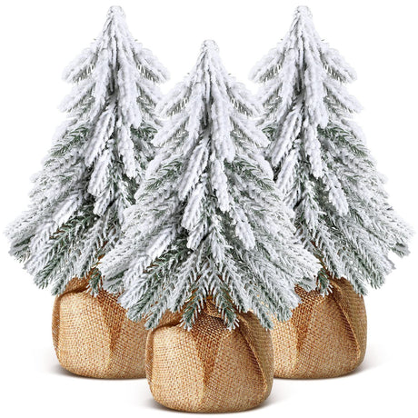 3 Pcs Snow Tabletop Christmas Trees, Snow Flocked Mini Tabletop Pine Trees with Wooden Base,Artificial Desk Christmas Trees for Xmas Holiday Home Party Table Decorations(22cm)