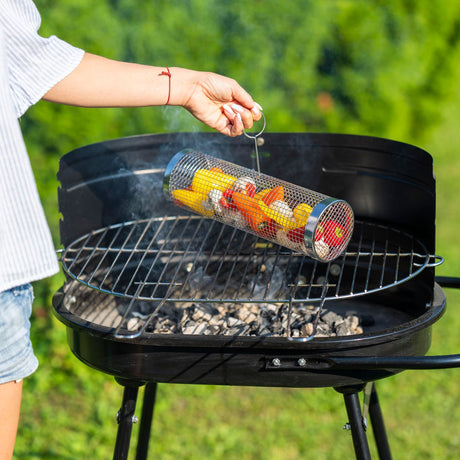 2PCS Rolling Grill Baskets for Outdoor Grill, Egg Accessories-Set Includes Fork, Hook, and Oil Brush-304g Stainless Steel-Perfect Gifts for Dad, Camping Must Haves, Unique Outdoor Gifts