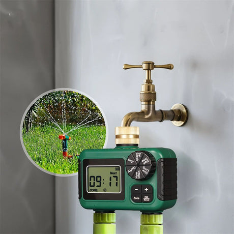 2 Outlet Sprinkler Timer, Water Timer, Programmable Garden Hose Timer with Rain Delay, Manual& Automatic Watering System（11.6*11.7*6.8cm)