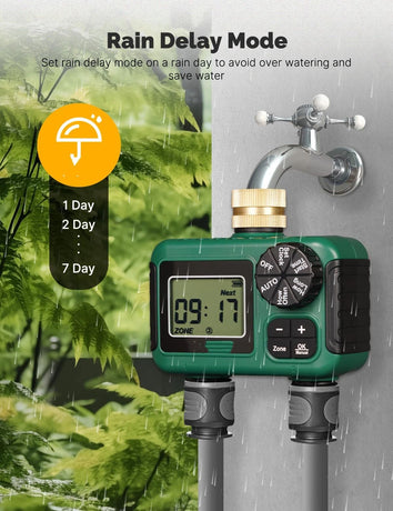 2 Outlet Sprinkler Timer, Water Timer, Programmable Garden Hose Timer with Rain Delay, Manual& Automatic Watering System（11.6*11.7*6.8cm)