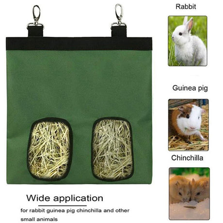 2pcs Rabbit Hay Feeder Bag Guinea Pigs Hanging Hay Rack Manger Holder Dispenser Small Animal Feeder Storage Pouch for Bunny Chinchilla Hamster (Green, 2 Windows)