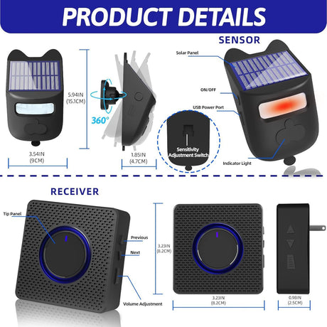 Solar Wireless Driveway Alarm Outdoor Weather-Resistant Motion Sensor Detector Doorbell Chime, DIY Security Alert System (1 Sensor & 2 Doorbell)