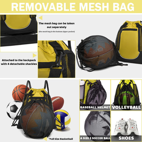 Drawstring Soccer Bag Basketball Backpack for Kids Teens, Foldable Sports Bags Detachable Ball Mesh Bag for Gym Yoga Football Baseball（oniy bag）