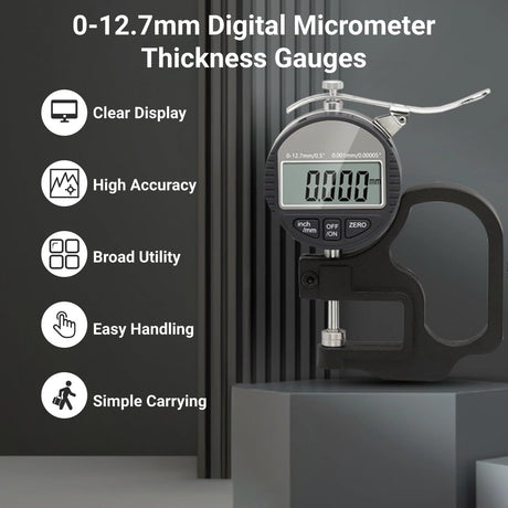 Digital Thickness Gauge, Thickness Micrometer Meter, 0 to 12.7mm Digital Display Measuring Tool with LCD Display, for Paper Film (0.001mm Accuracy)