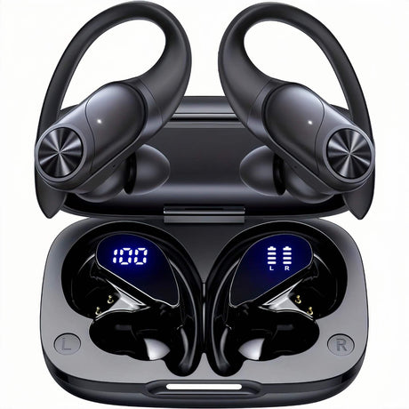 Bluetooth Headphones Wireless Earbuds 80hrs Playtime Wireless Charging Case Digital Display Sports Ear Buds with Earhook Deep Bass IPX7 Waterproof Over-Ear Earphones for TV Phone Laptop Black