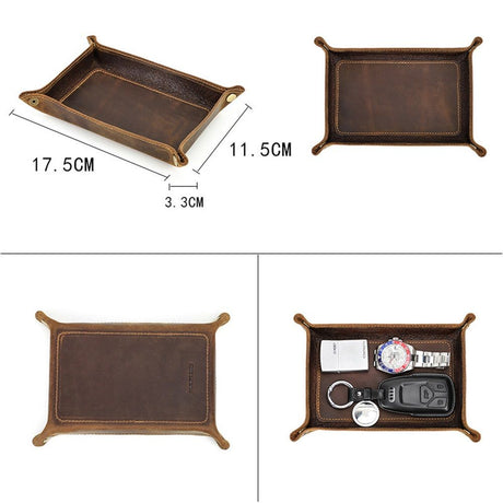 Leather Valet Tray for Men – Rustic Organizer for Keys, Phone & Wallet  Whiskey Barrel Brown  Perfect for Nightstand, Desk, Entryway