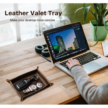 Leather Valet Tray for Men – Rustic Organizer for Keys, Phone & Wallet  Whiskey Barrel Brown  Perfect for Nightstand, Desk, Entryway