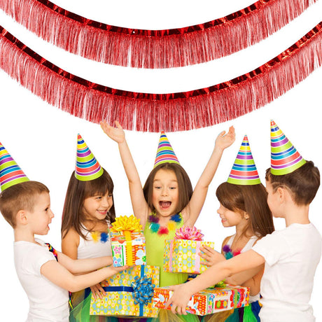 10 Pack 10 Feet Red Foil Fringe Garland Metallic Tassle Banner Wall Hanging Tinsel Streamers Backdrop for Parade Floats, Bachelorette, Wedding, Birthday, Halloween, Christmas Party Decorations