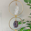 7 Chakra Crystal Hanging Ornament, Unique, Spiritual Boho Wall Decor, Raw Chakra Stones Amethyst Suncatcher, Rose Quartz Crystal (Gold)