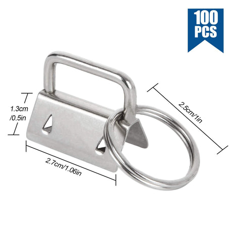 100 Pack Key Fob Hardware 25mm Bulk, Silver Tone Key Chain Fob Wristlet with Key Ring for Wristlet Keychain, Key Lanyard, Key Chain Making Hardware Supplies