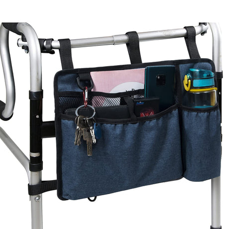 Bag Basket with Cup Holder Suit for Adult Folding Walkers Rollator Organizer Carry Storage Pouch Water-Resistant Armrest Accessories for Seniors, Elderly, Handicap, Blue