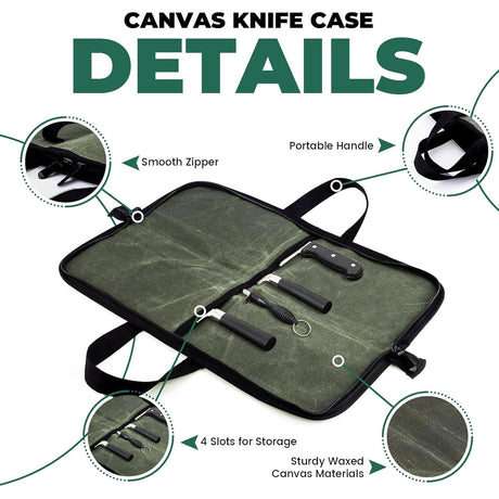 Chef Knife Roll Bag with 4 Slots, Heavy Duty Waxed Canvas Knife Bag with Handle, Kitchen Knife Storage, Portable Knife Carrying Case (Only one kitchenware storage bag)