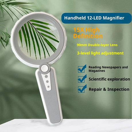 15X Magnifying Glass with Light,  Large Handheld Magnifier, USB Rechargeable for Low Vision Seniors with Macular Degeneration, Reading, Jewelry, Coins - Grey