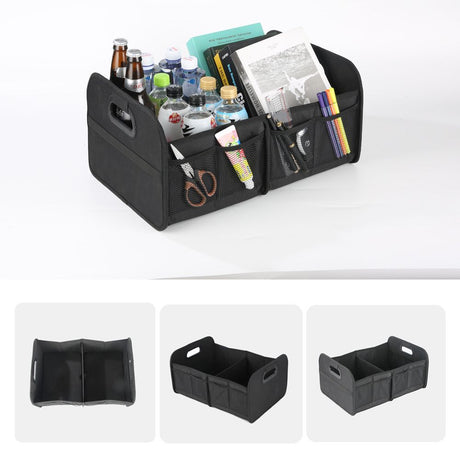 Trunk Organizer For Sedan,Car Organizers and Storage, Waterproof Collapsible & Adjustable Straps,Sturdy Car Organization for Car Accessories, Tools,Sundries,2 Compartment（Black