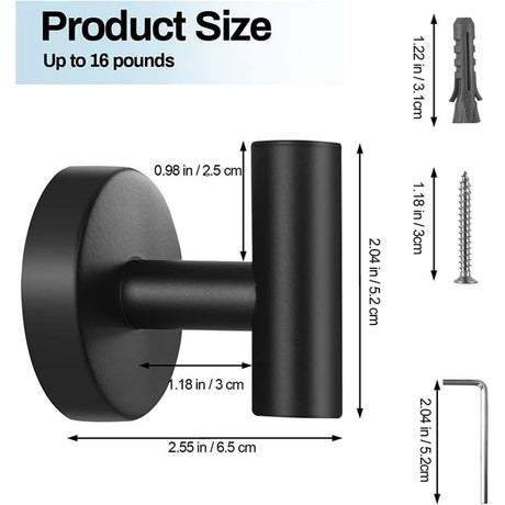 Matte Black Round Coat Hook 2 Pack, Stainless Steel Bathroom Towel Hook, Wall Mounted, Towel Robe Clothes Cabinet Closet Hook