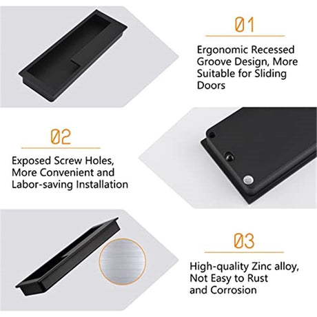 Zinc Alloy Flush Pull Handles, 2pcs Embedded Sliding Door Handle with Hidden Screws, 7.95'' Modern Simple Door Pull Handle for Sliding Barn Drawer Cupboard Wardrobe/Matte Black