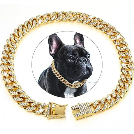 Dog Chain Collar   Wide Diamond Collar Large Dog Necklace Metal Pet Crystal Collar Jewelry Accessories for Medium Large Dogs(8 Inch)golden