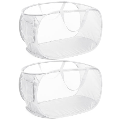 Collapsible Laundry Hamper with Side Pocket, Foldable Clothes Hamper with Durable Reinforced Handles for Laundry, Bathroom, Kids Room, Dorm or Travel 2 Pack White